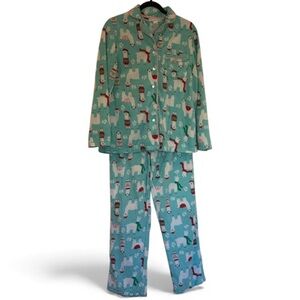 Pillow Talk Holiday Festive Llama Print Aqua Muti Fleece Pajamas Size Medium